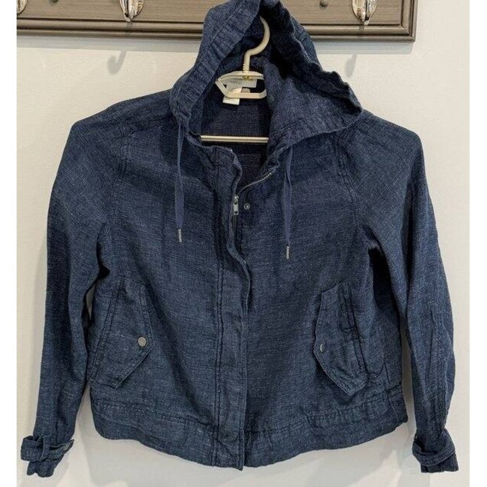C&C California 100% Linen Jacket Womens Large Blue Hooded Full Zipper Snaps